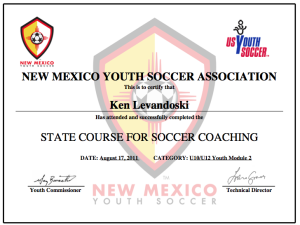 Ken levandoski soccer u10 u12 certificate