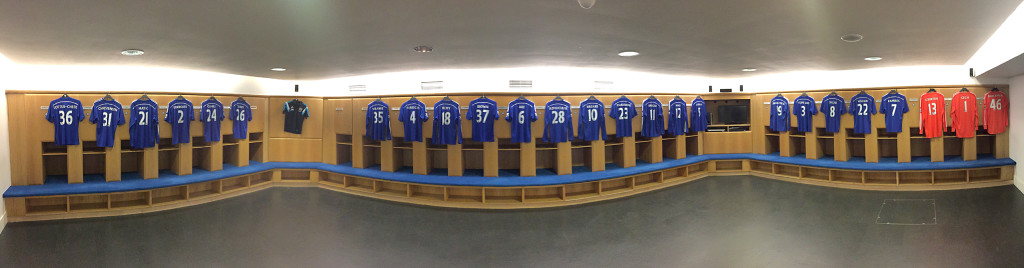 Chelsea FC Locker Room with all Jerseys of the Players from the Championship 2014-15 Season.