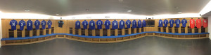 Chelsea fc locker room with all jerseys of the players from the championship 2014-15 season.
